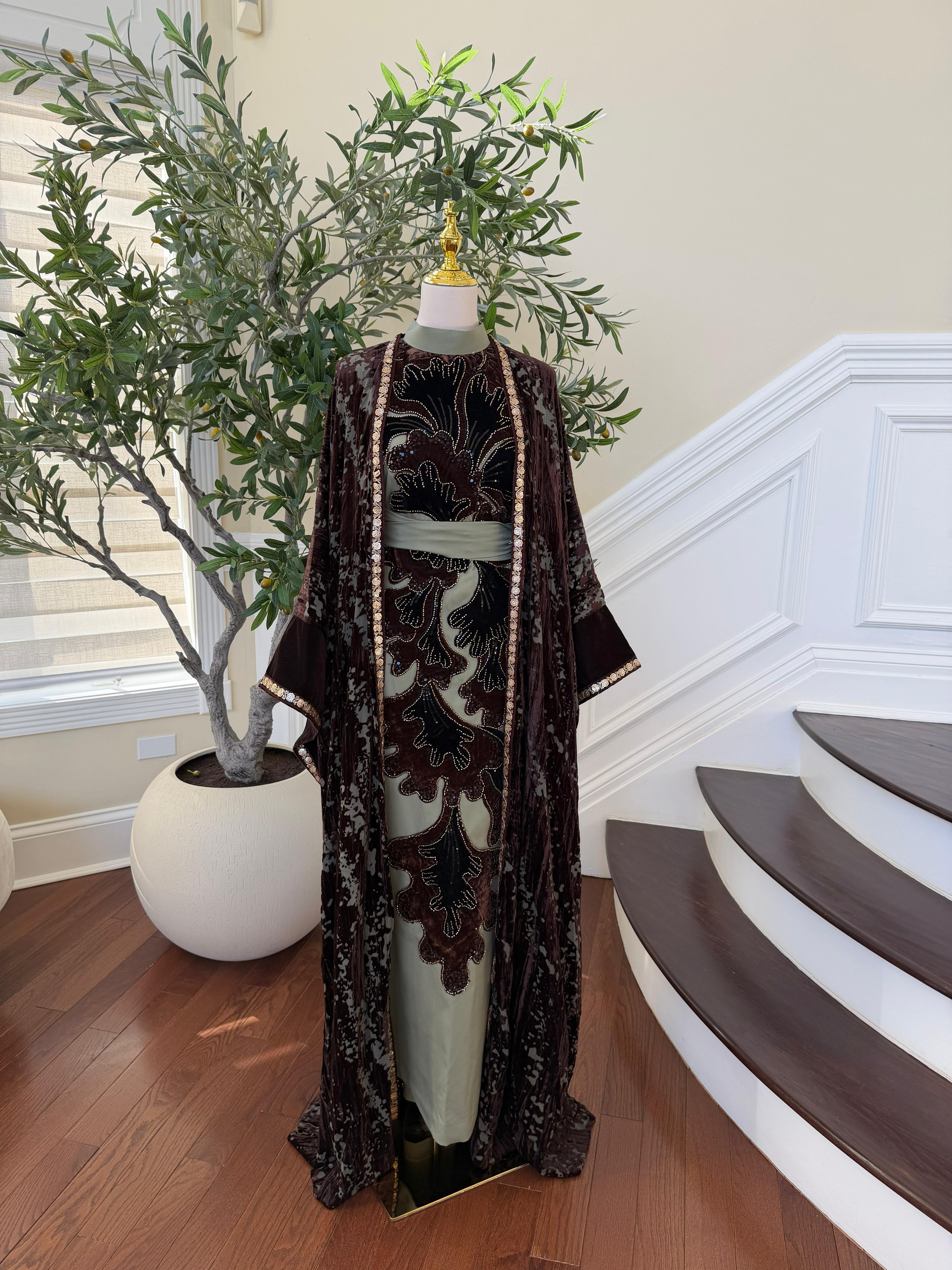 Olive Green Brown Two Piece Abaya