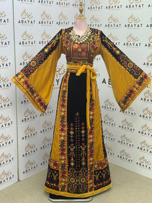 Premium Palestinian Malakah Velvet Thobe – Mustard Gold & Black Embroidery