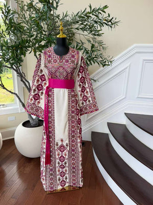 White Embroidery Tatreez Pink Thobe