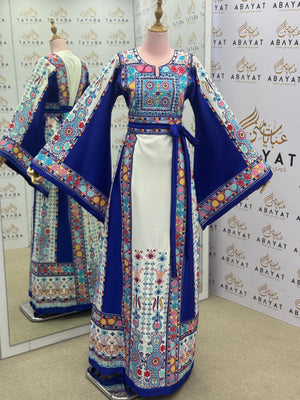 Royal Blue & White Palestinian Embroidered Thobe – Colorful Tatreez Maxi Dress with Wide Sleeves”