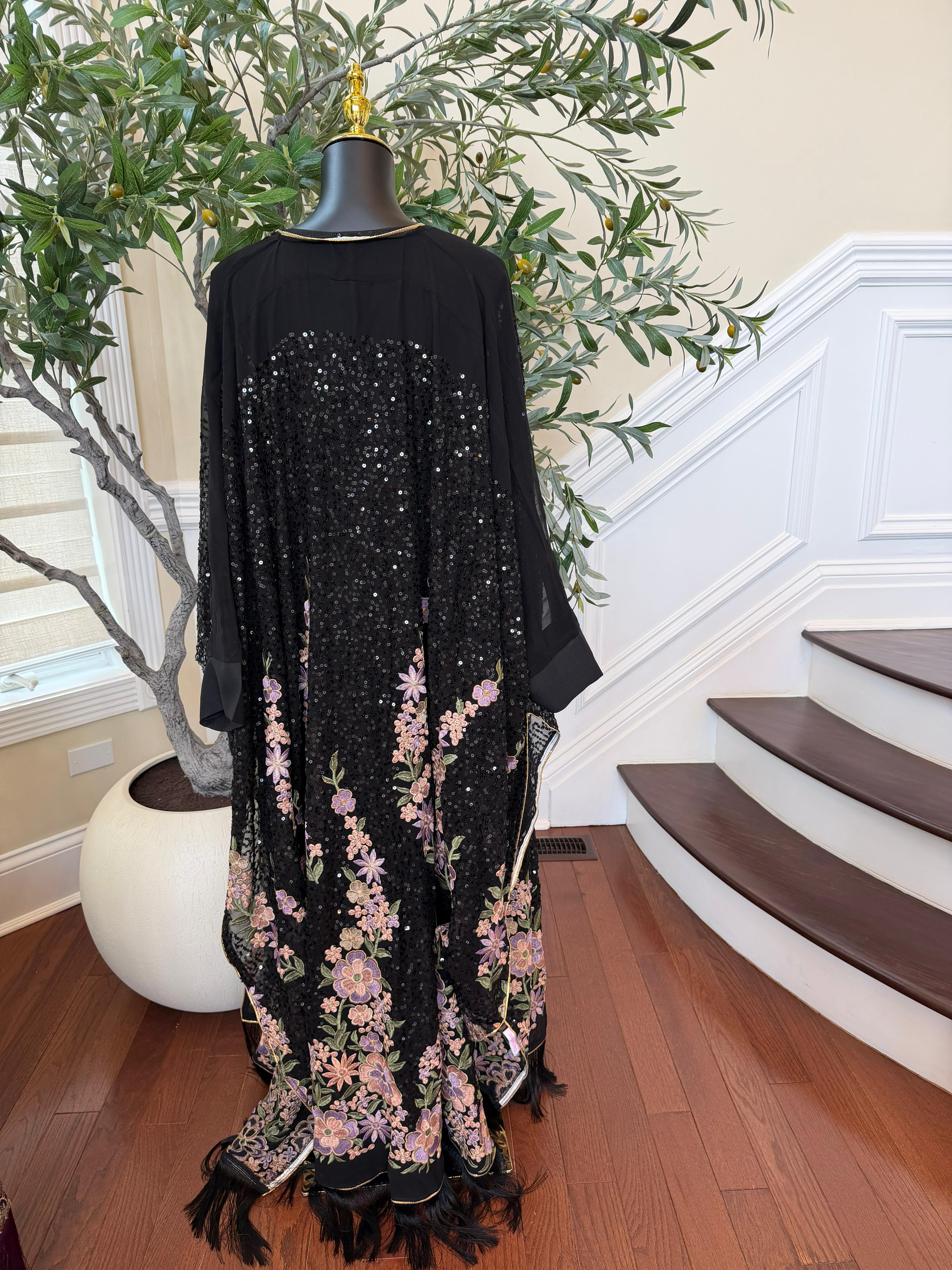 Black Sparkle Floral Abaya