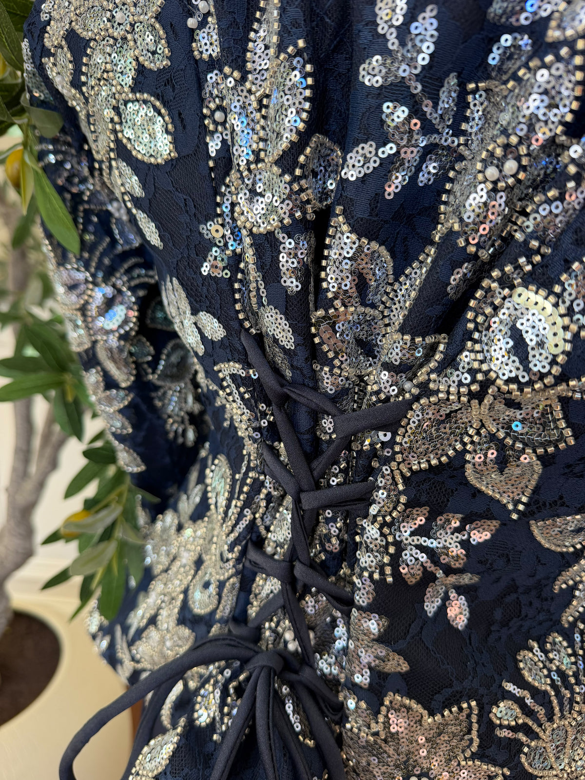 Elegant Navy Blue Evening Gown with Shimmering Silver & Blue Floral Embroidery