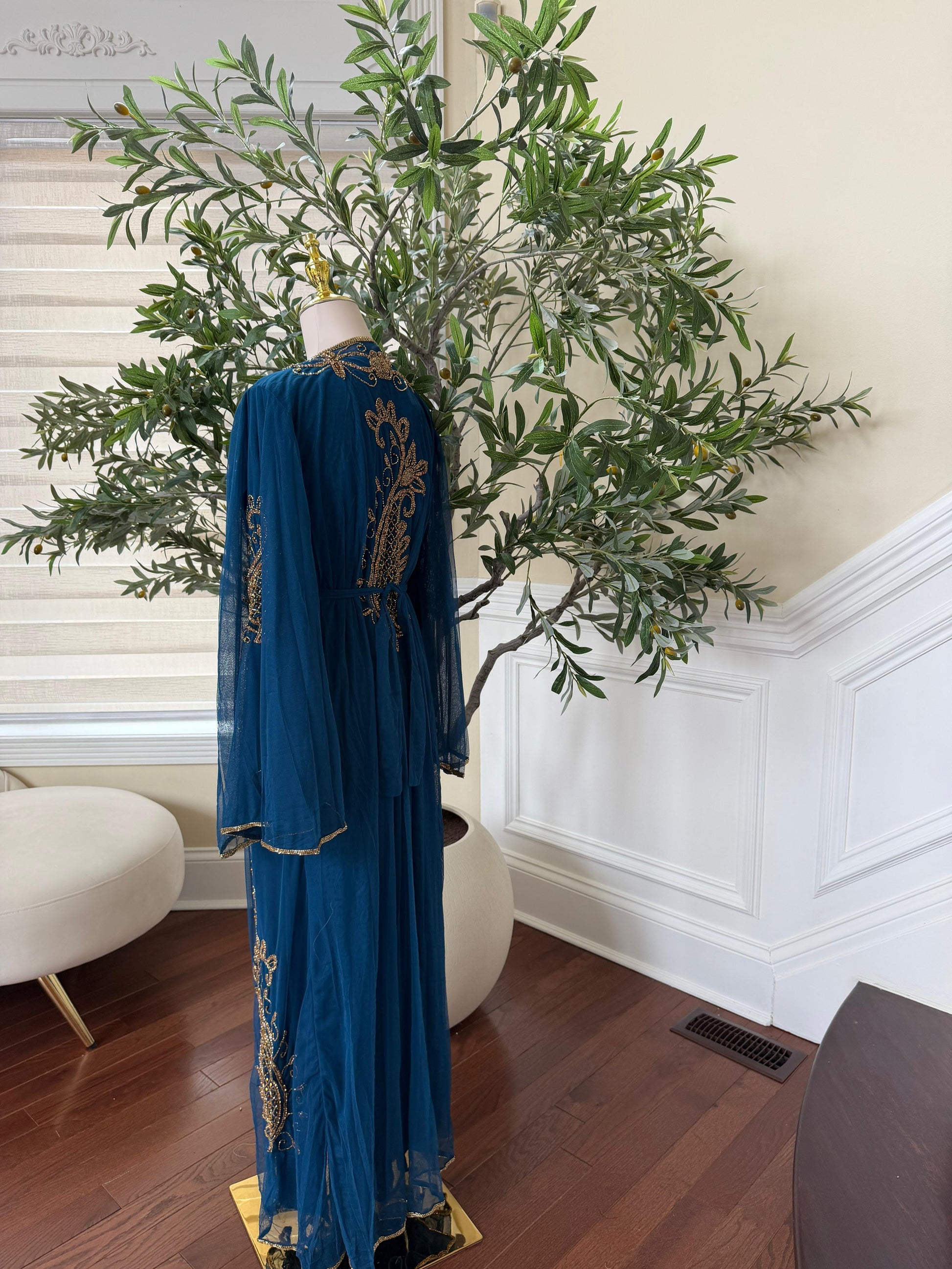 Golden Turquoise Detail Stone Cardigan Abaya