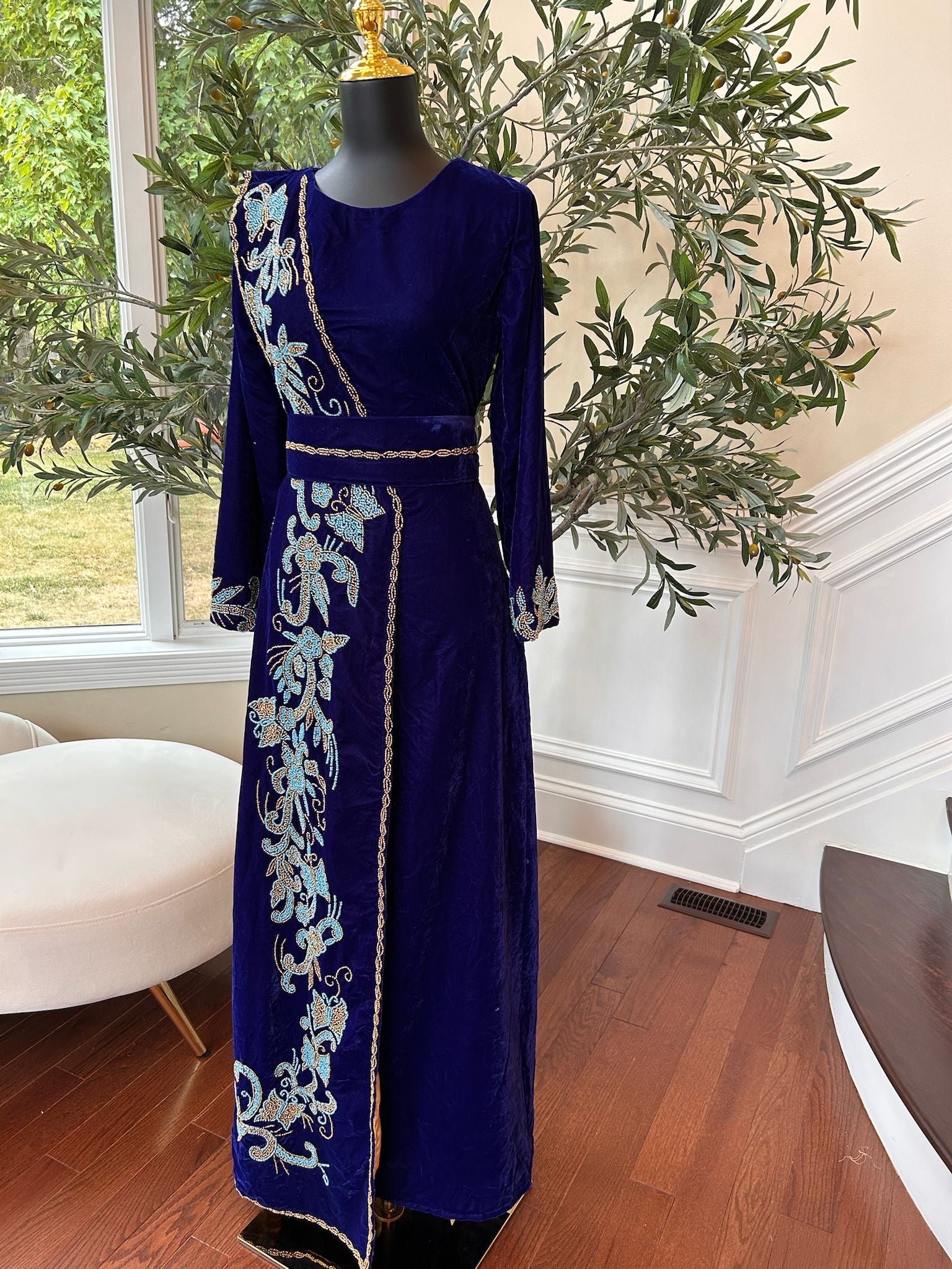 Blue Velvet Stone Charm Kuftan Dress