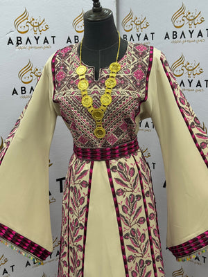 Ivory & Magenta Palestinian Embroidered Thobe