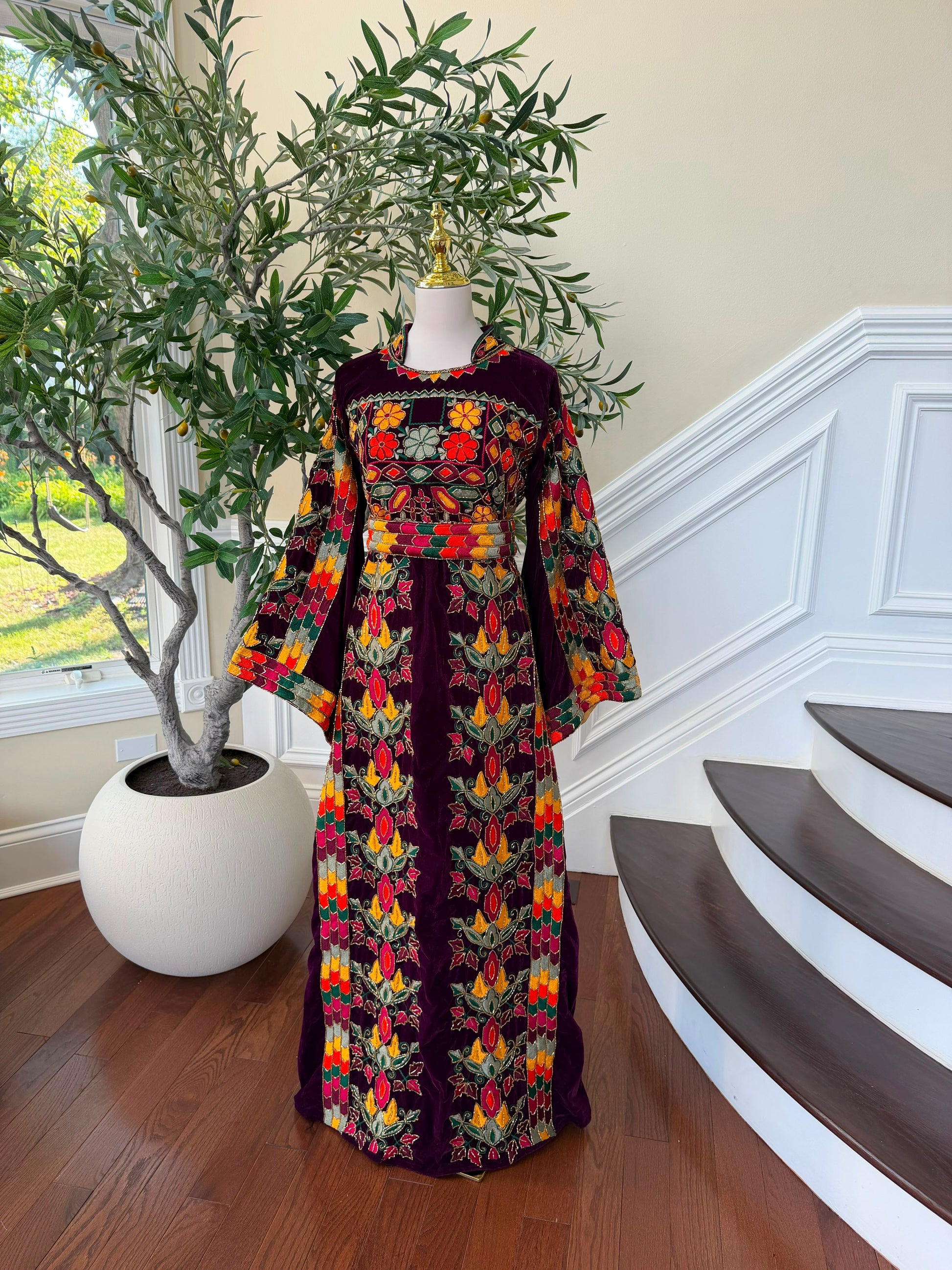 Burgundy Velvet Beaded Stone Thobe