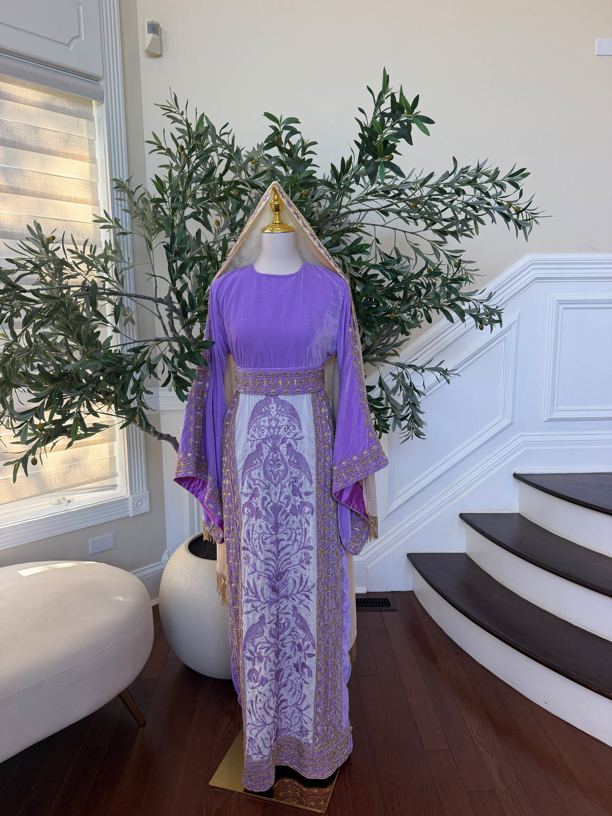 Elegant Lavender Velvet Palestinian Thobe with Gold Embroidery(scarf not included)