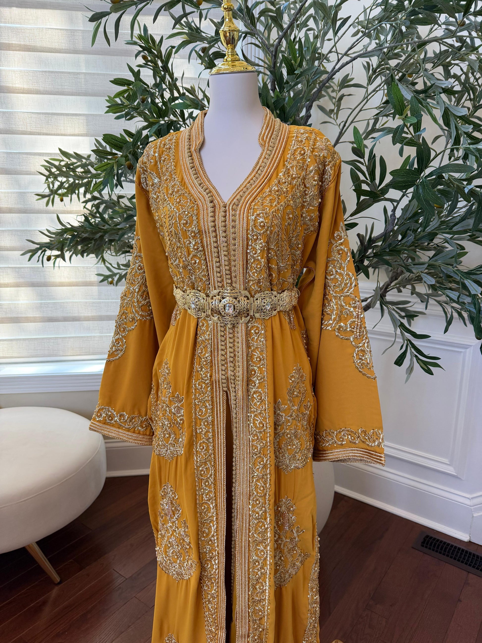 Yellow Embroidery Beaded Kuftan