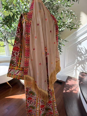 Elegant Cream Palestinian Embroidered Thobe with Traditional Red & Green Detailing (scarf not included)