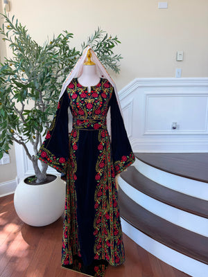 Velvet Blue Floral Embroidered Tatreez Thobe