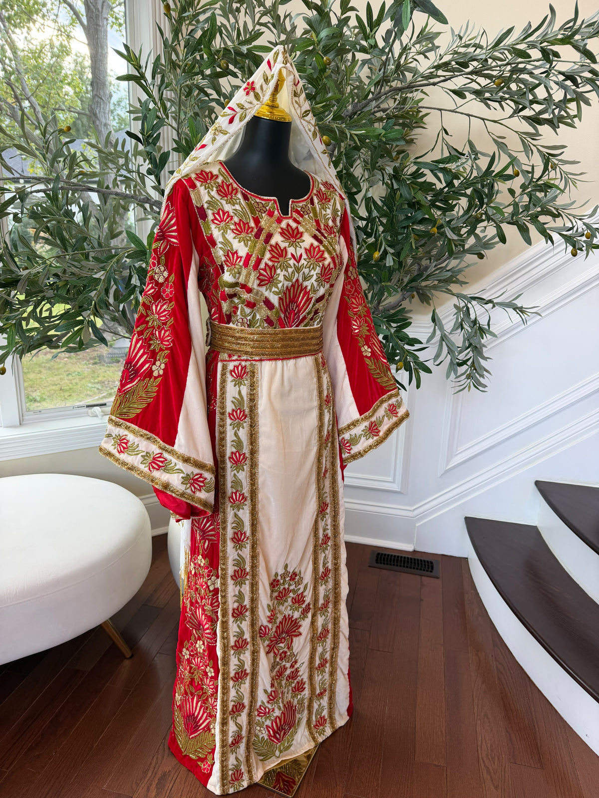 Elegant Cream and Red Thobe with Gold Floral Embroidery(scarf not included)
