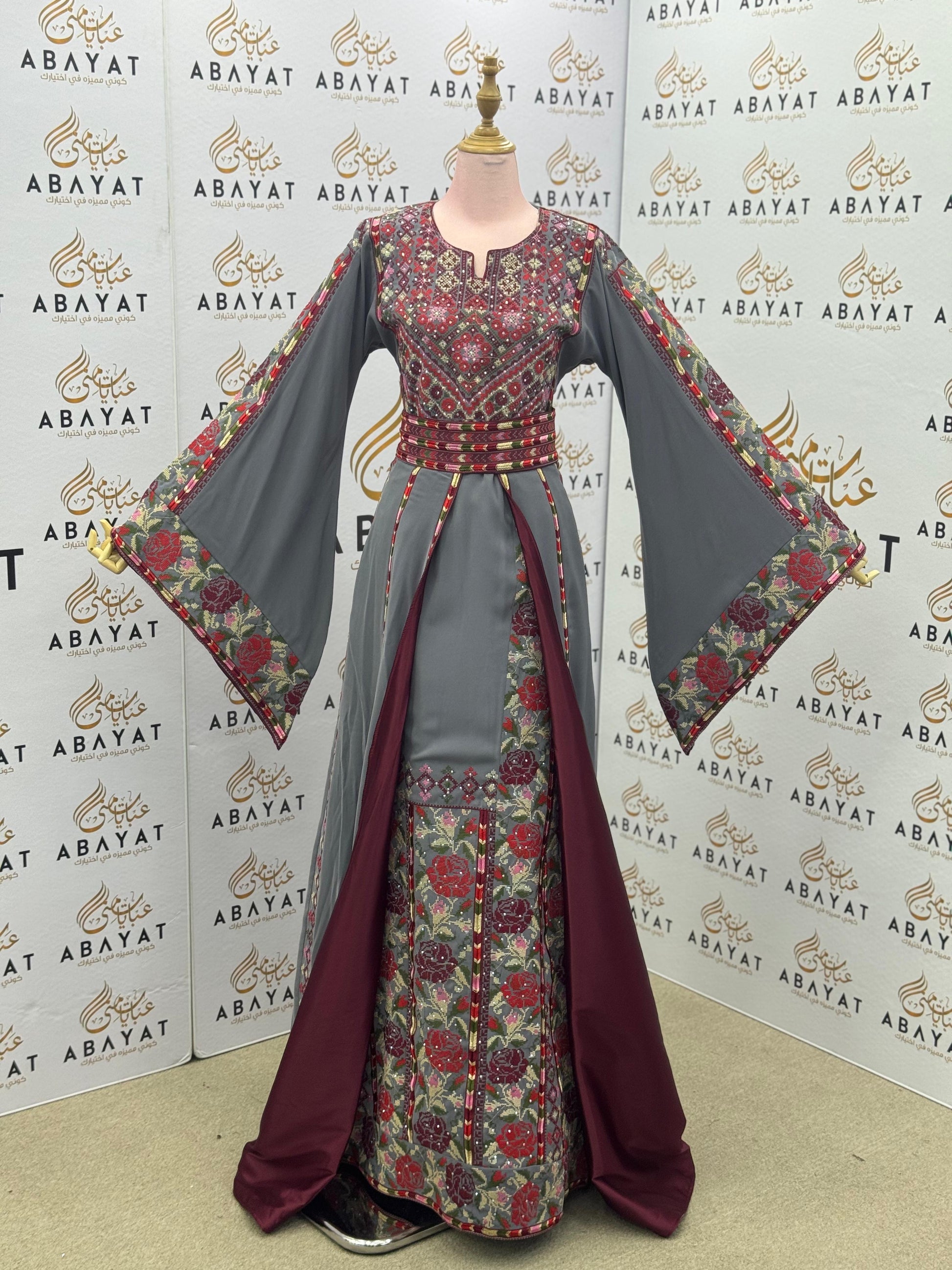Elegant Grey & Burgundy Palestinian Embroidered Thobe – Floral Tatreez with Wide Sleeves”