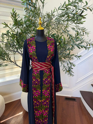 Navy Blue Embroidery Floral Tatreez Thobe