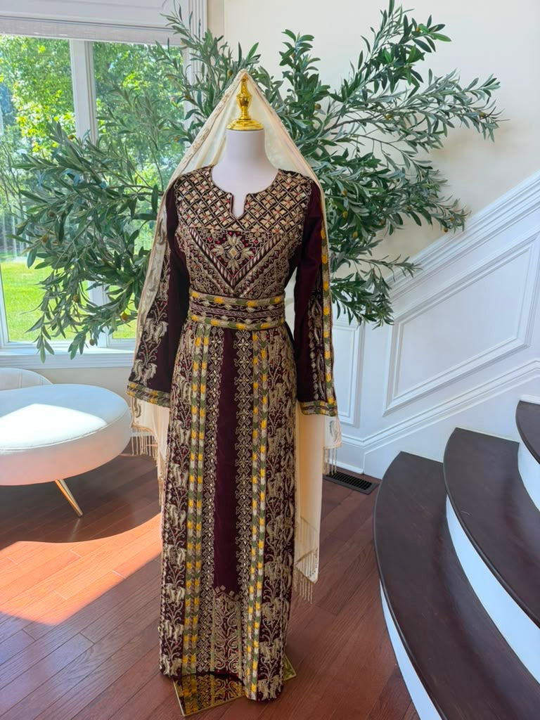 Burgundy Royale Gold Elegance Beaded Thobe