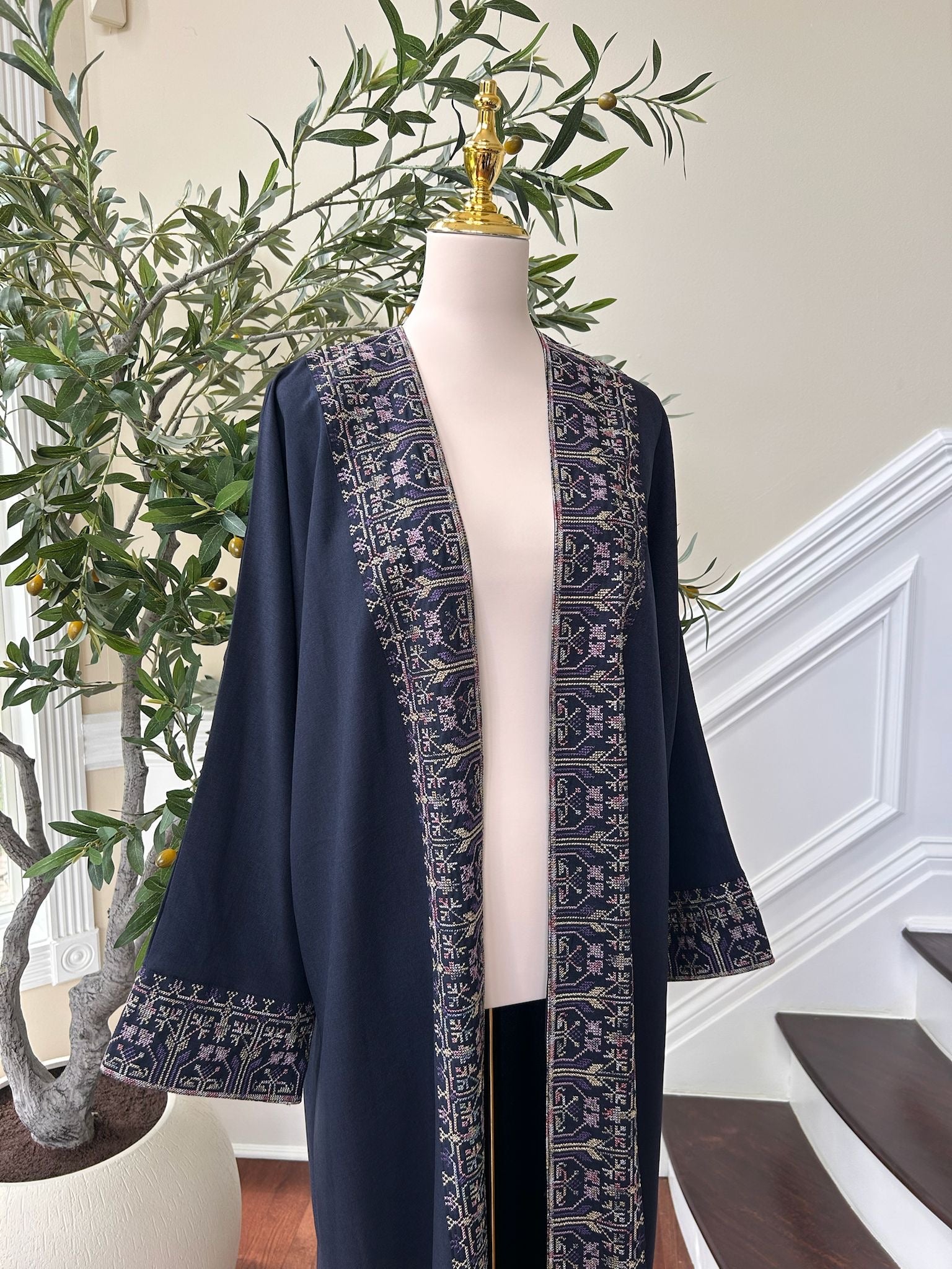 Navy Blue Tatreez Purple Elegance Cardigan Abaya