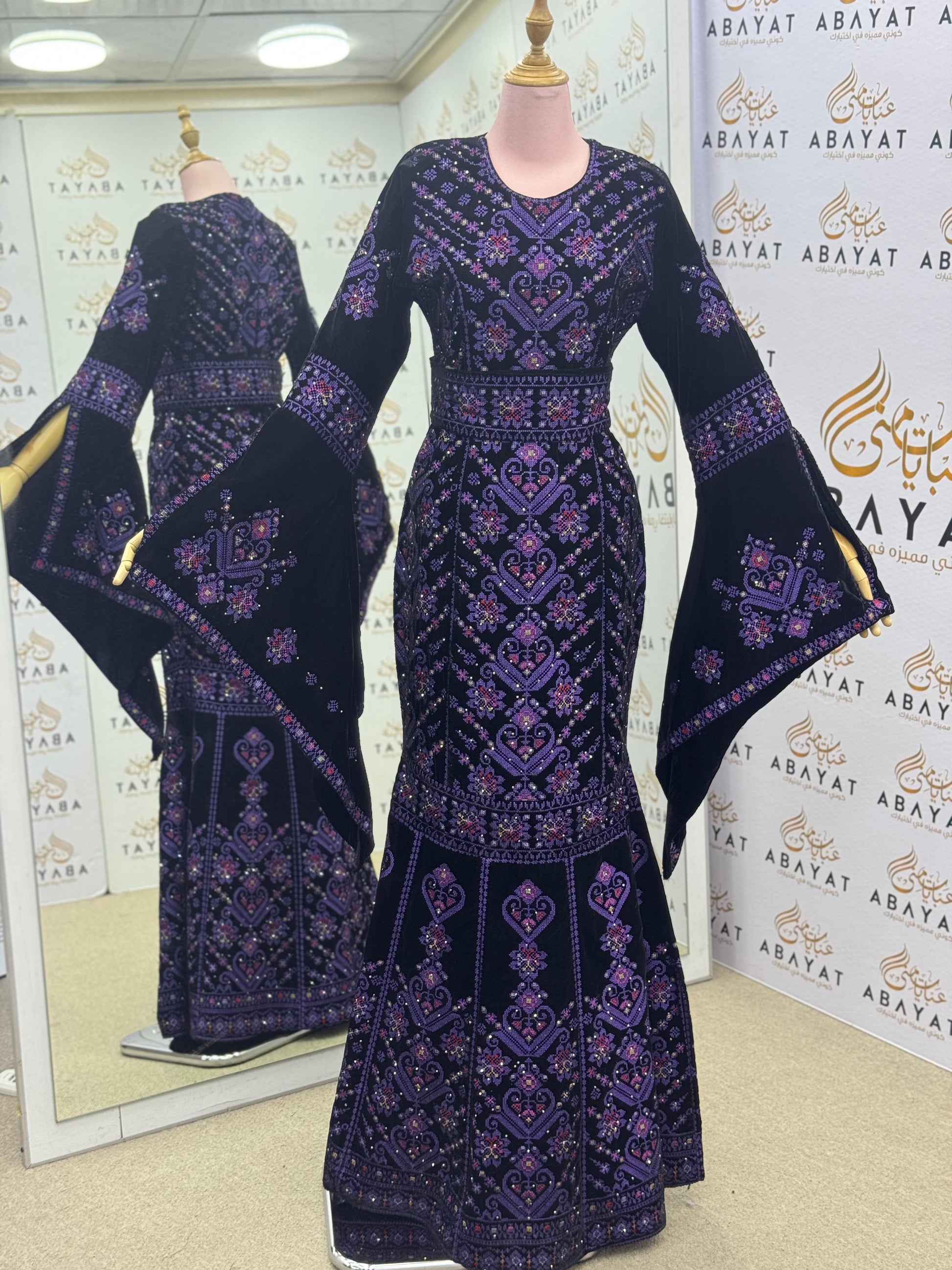 Black Velvet Palestinian Thobe – Purple Tatreez Embroidery with Belt A09042025