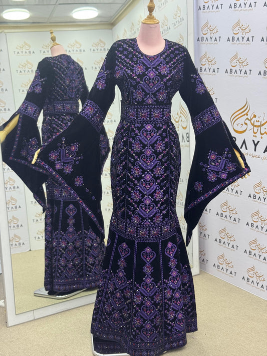Black Velvet Palestinian Thobe – Purple Tatreez Embroidery with Belt A09042025