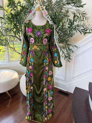 Olive Green Palestinian Stone Thobe with Vibrant Multicolor Floral Embroidery(scarf not included)