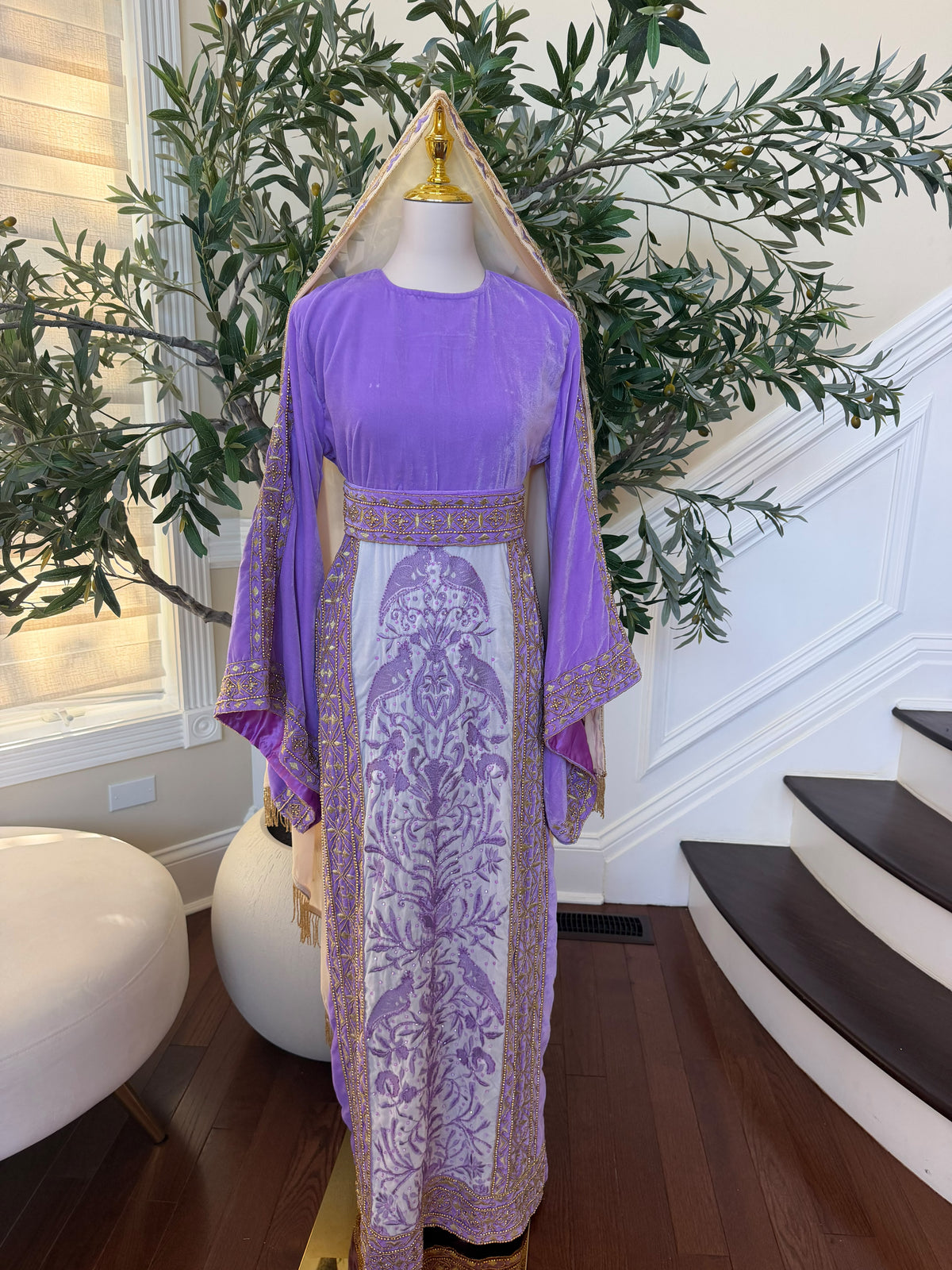 Elegant Lavender Velvet Palestinian Thobe with Gold Embroidery(scarf not included)