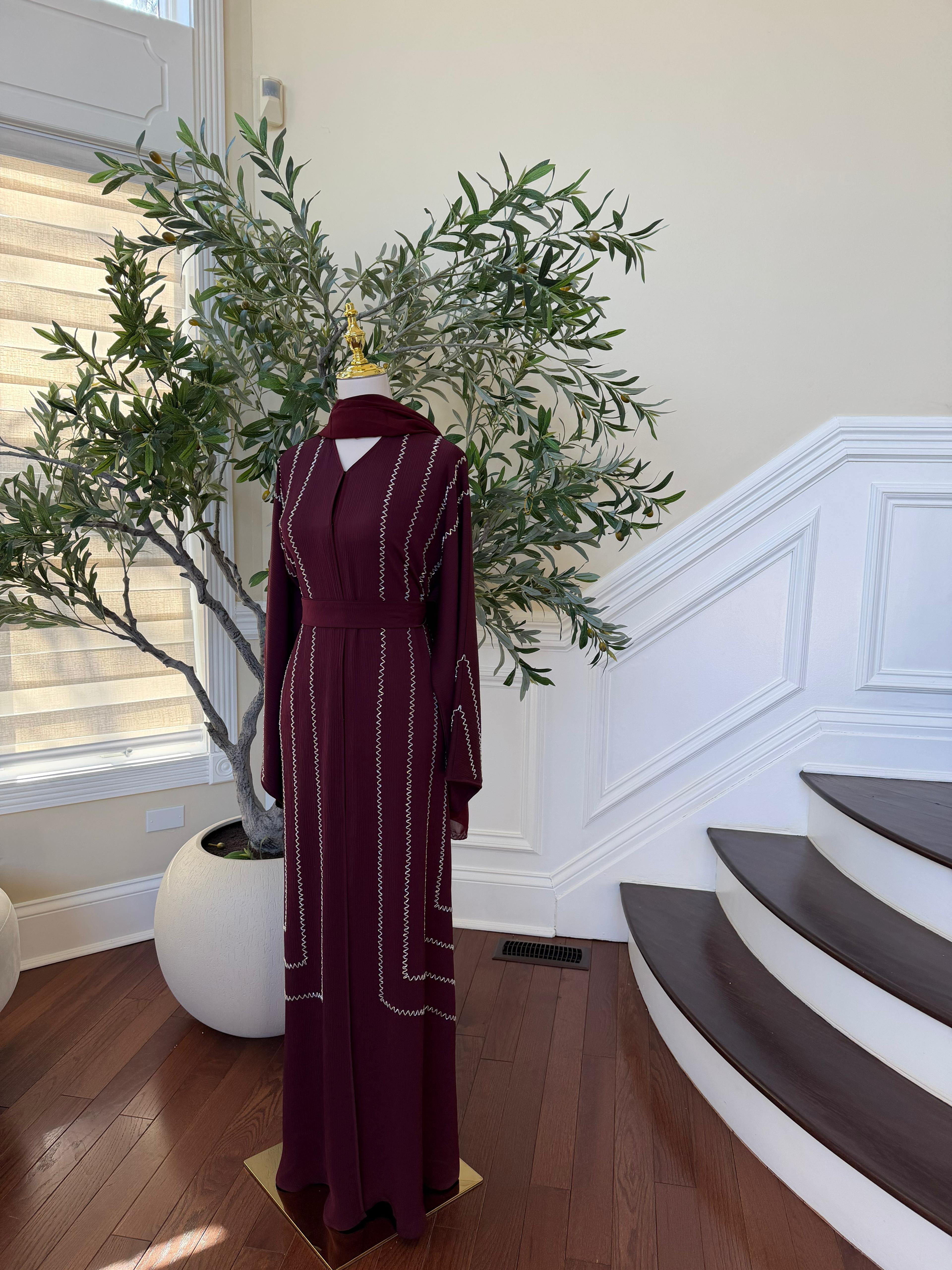 Burgundy Elegance Beaded Abaya