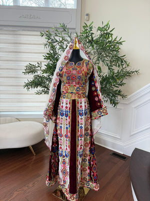 Velvet Maroon and White Traditional Tatreez Sabal Kharaz Detail Thobe