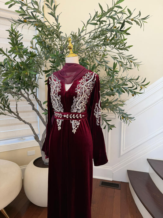Red Velvet Beaded Stone Charm Abaya