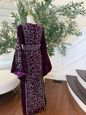 Elegant Burgundy Velvet Thobe with Blue and Silver Floral Embroidery (scarf not included)