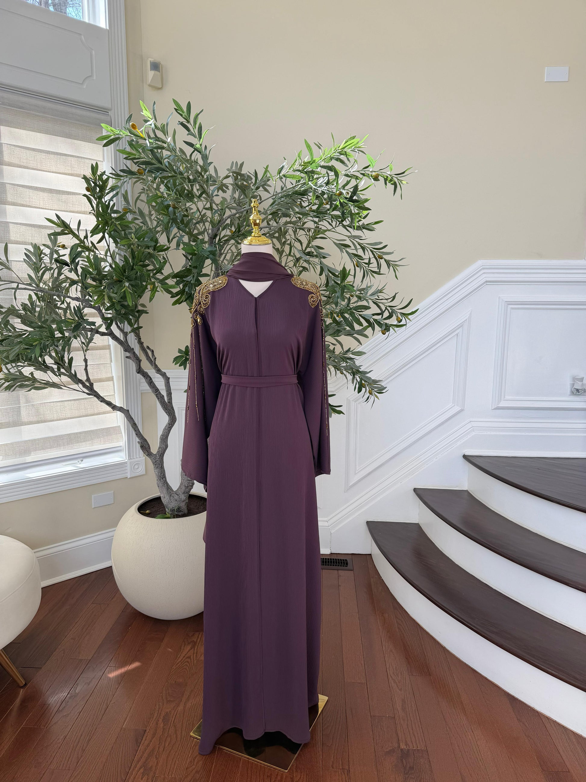 Golden Purple Sleeve Beaded Abaya