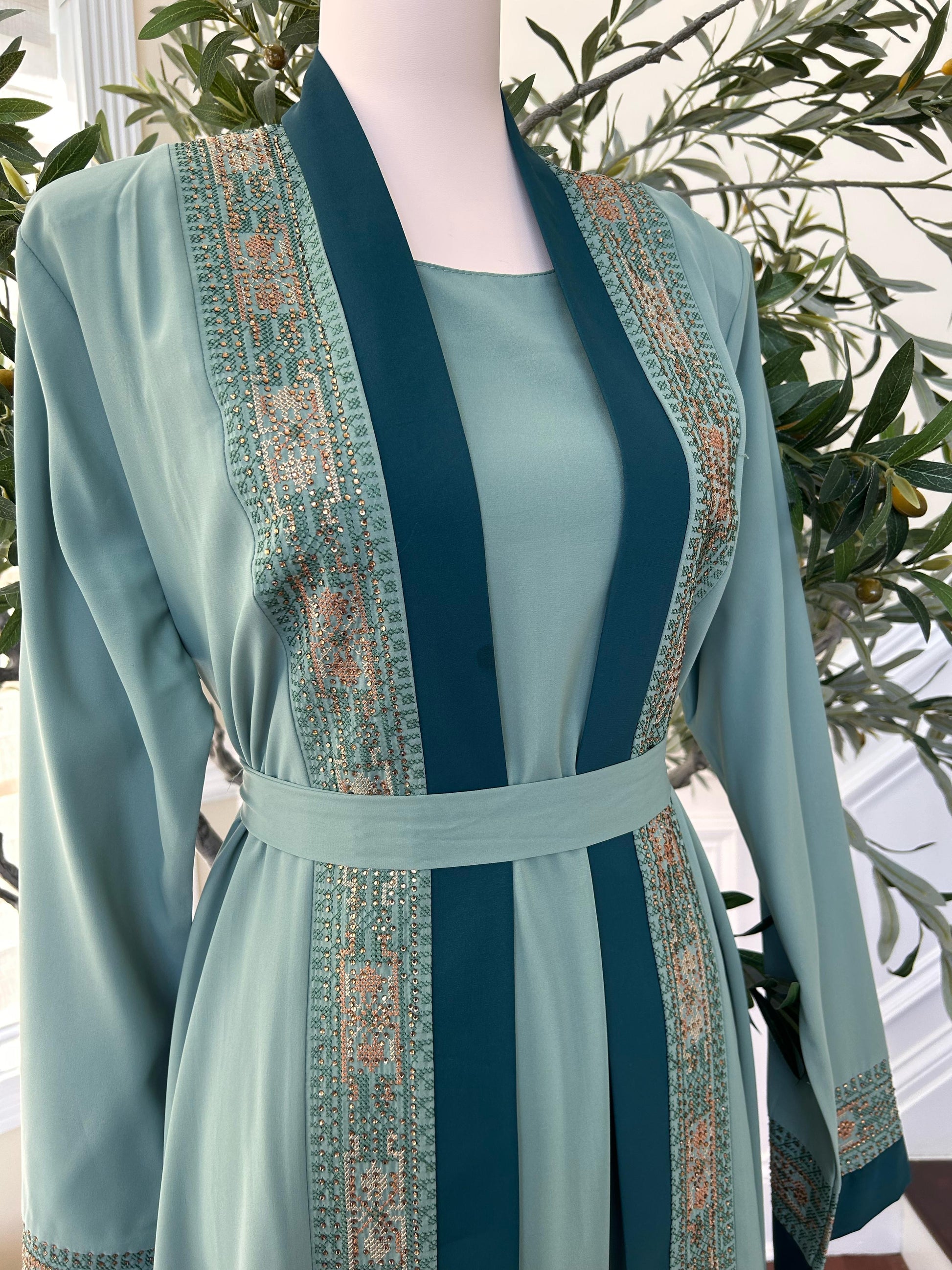 Teal Harmony Two Piece Tatreez Beaded Abaya