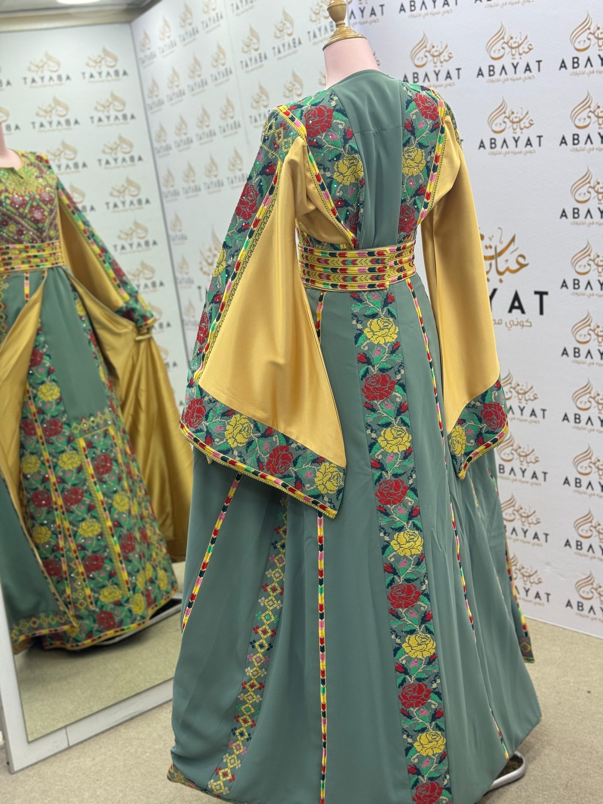 Luxury Palestinian-Inspired Embroidered Thobe with Golden Satin Panels – Floral Tatreez Design