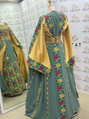 Luxury Palestinian-Inspired Embroidered Thobe with Golden Satin Panels – Floral Tatreez Design