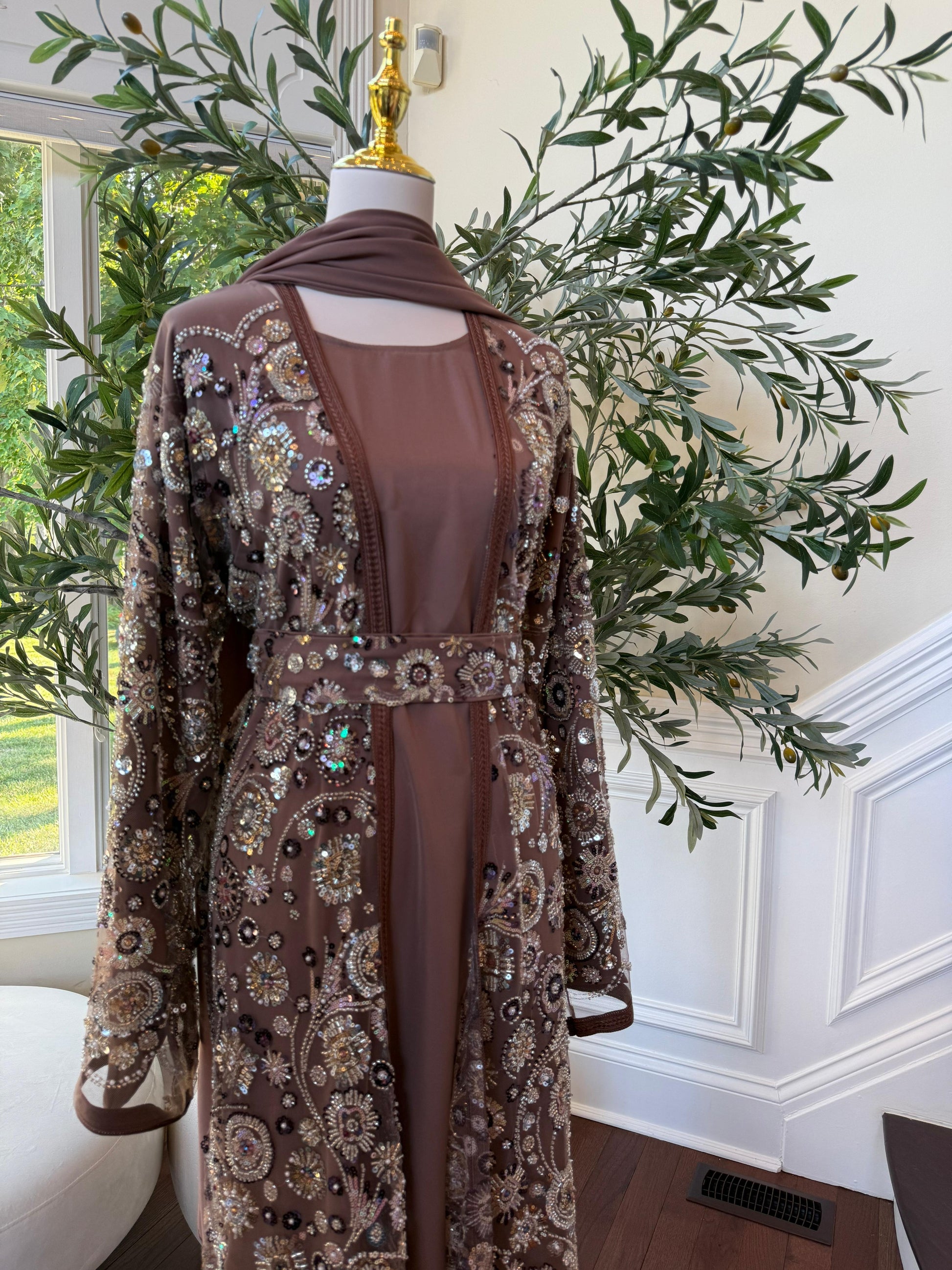 Mocha Crystal Sequin Abaya