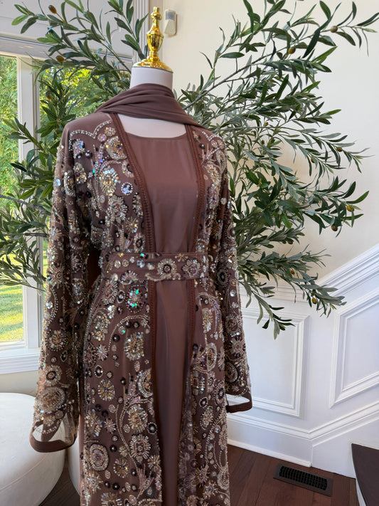 Mocha Crystal Sequin Abaya