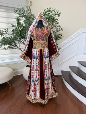 Velvet Maroon and White Traditional Tatreez Sabal Kharaz Detail Thobe