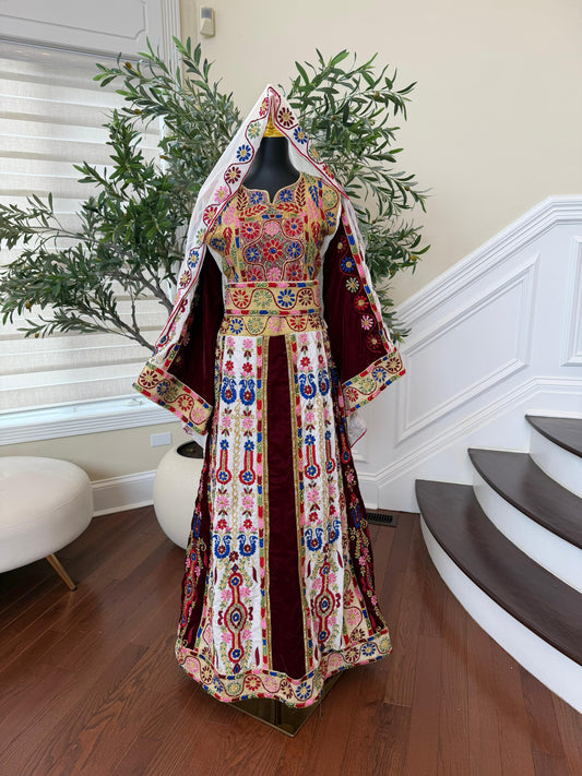 Velvet Maroon and White Traditional Tatreez Sabal Kharaz Detail Thobe