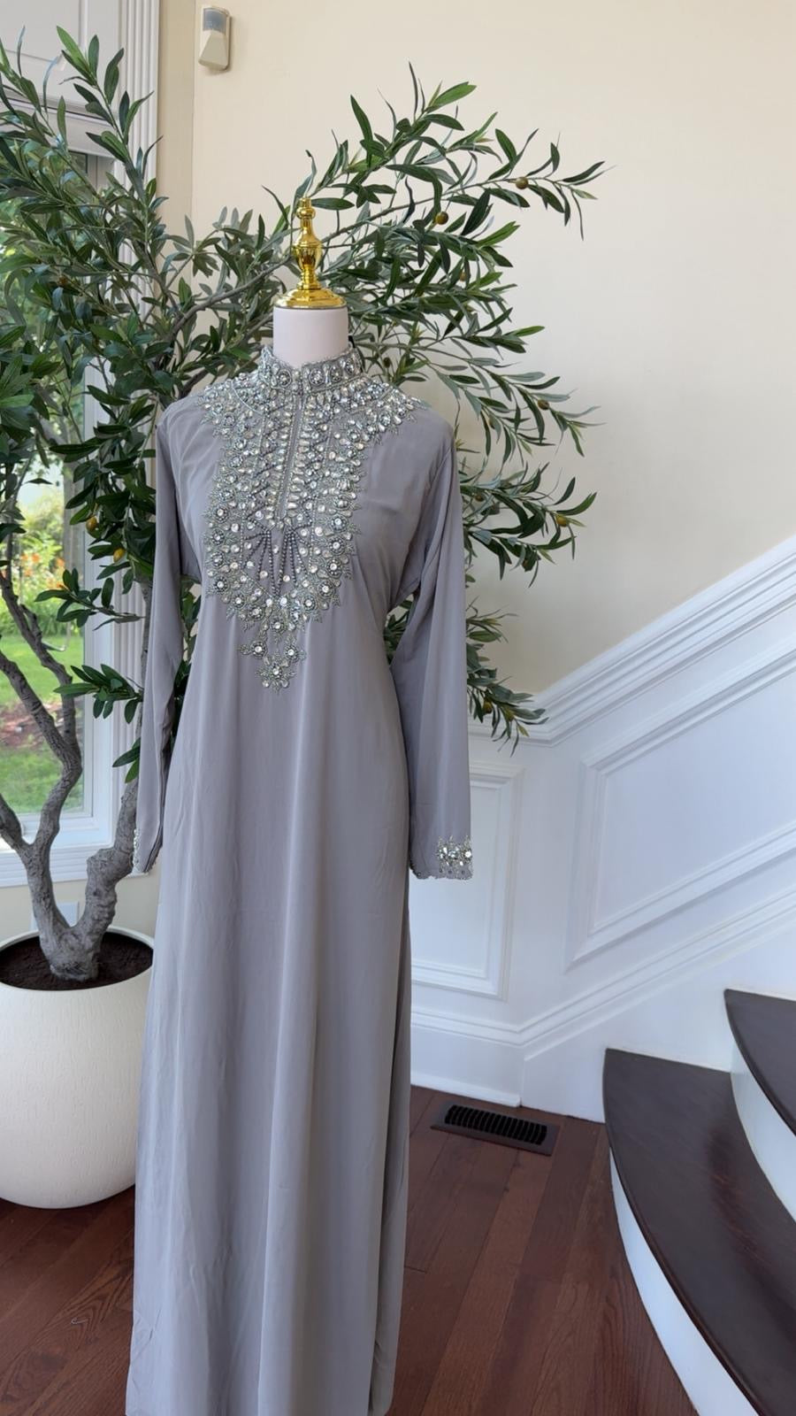 Grey Pearl – Luxe High Neck Kaftan with Intricate Beading