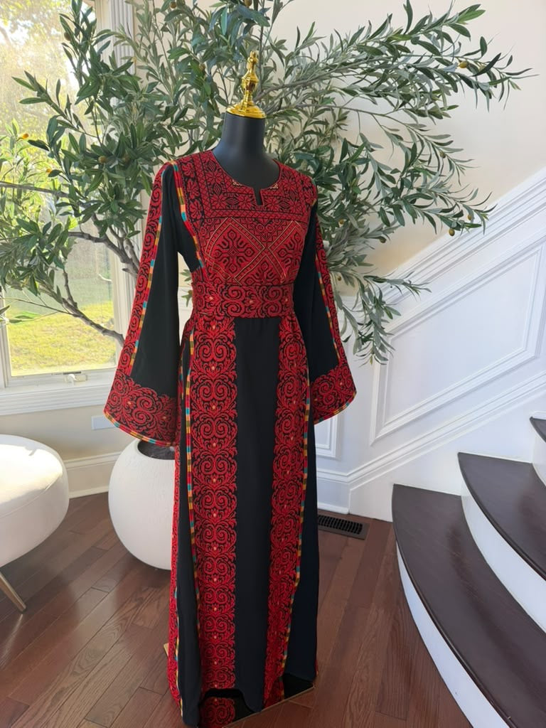 Elegant Black & Red embroidered Palestinian Thobe Dress