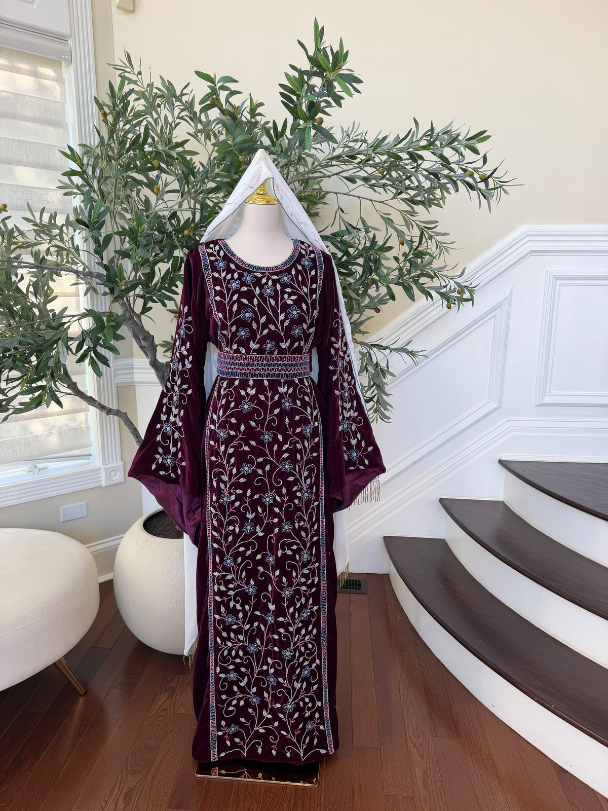Elegant Burgundy Velvet Thobe with Blue and Silver Floral Embroidery (scarf not included)