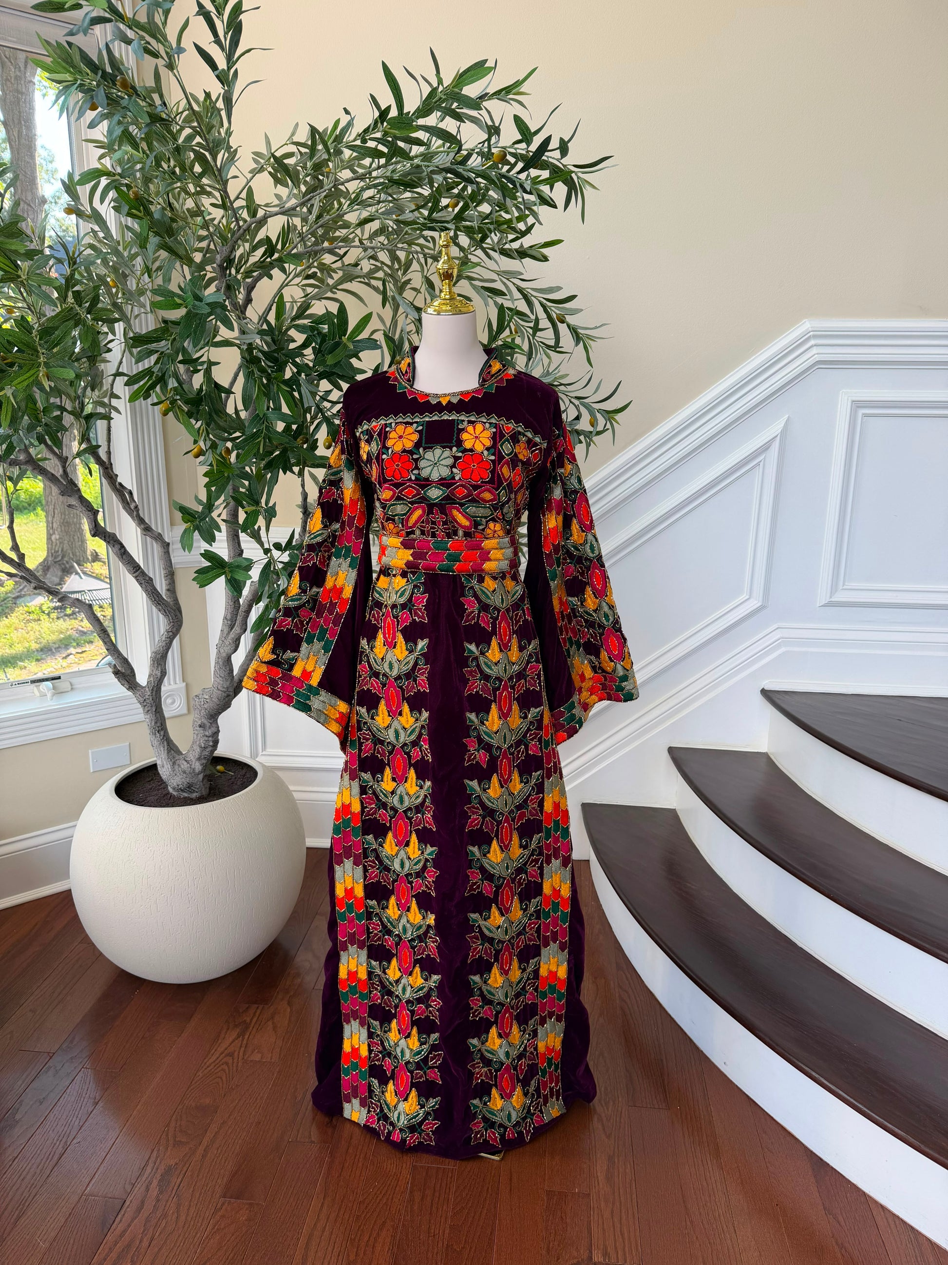 Burgundy Velvet Beaded Stone Thobe