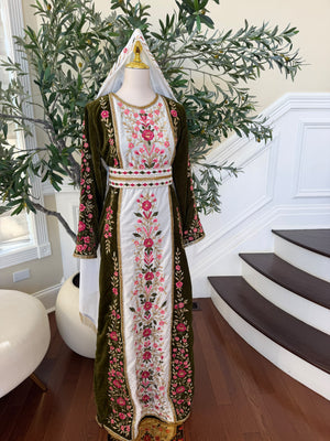 Elegant Olive Green Velvet Thobe with Pink Floral Embroidery(scarf not included)