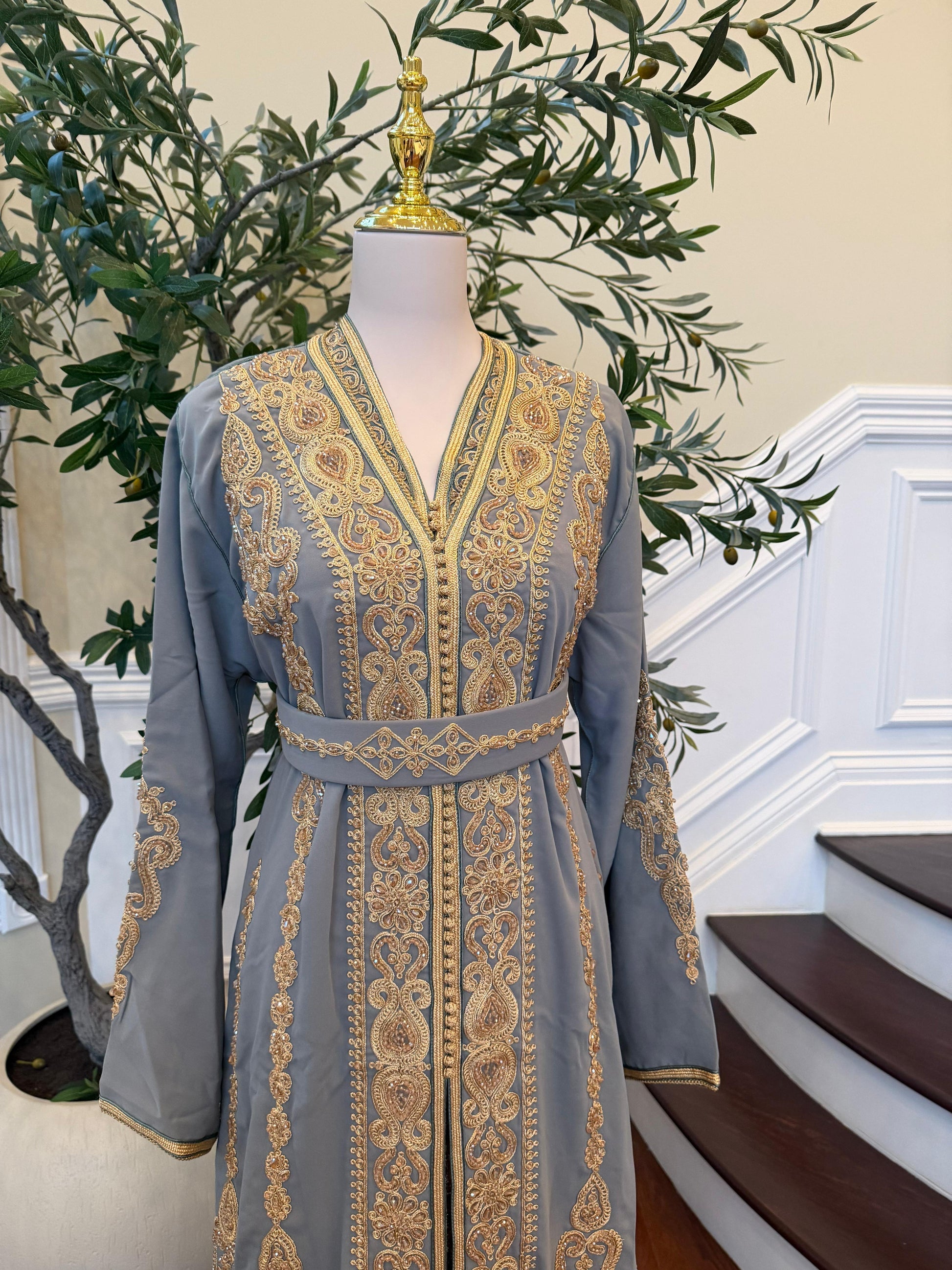 Sage Green Embroidery Beaded Kuftan