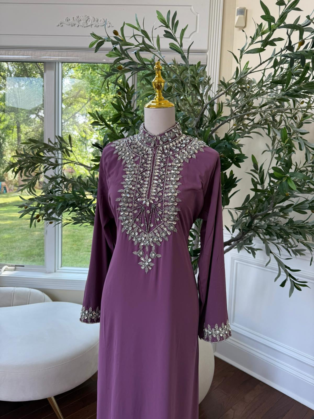 Royal Pink  – Modest Kaftan with Handcrafted Crystal Neckline