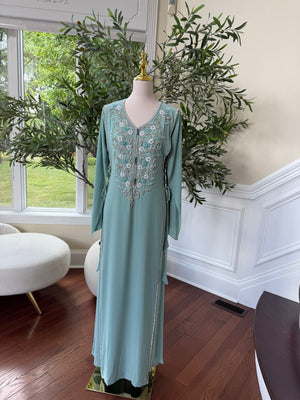 Delicate Light Teal Kaftan with Silver Beading