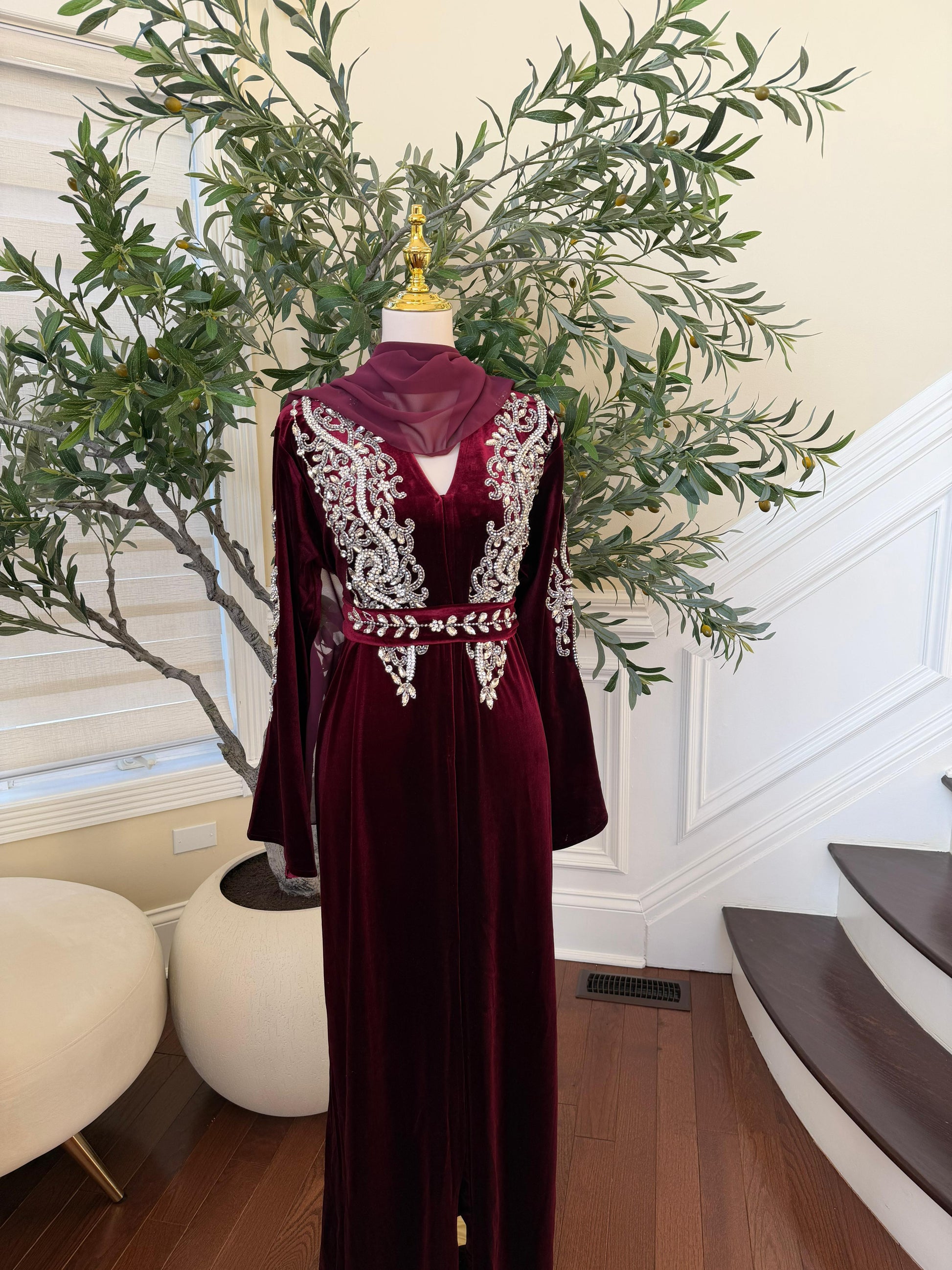 Red Velvet Beaded Stone Charm Abaya