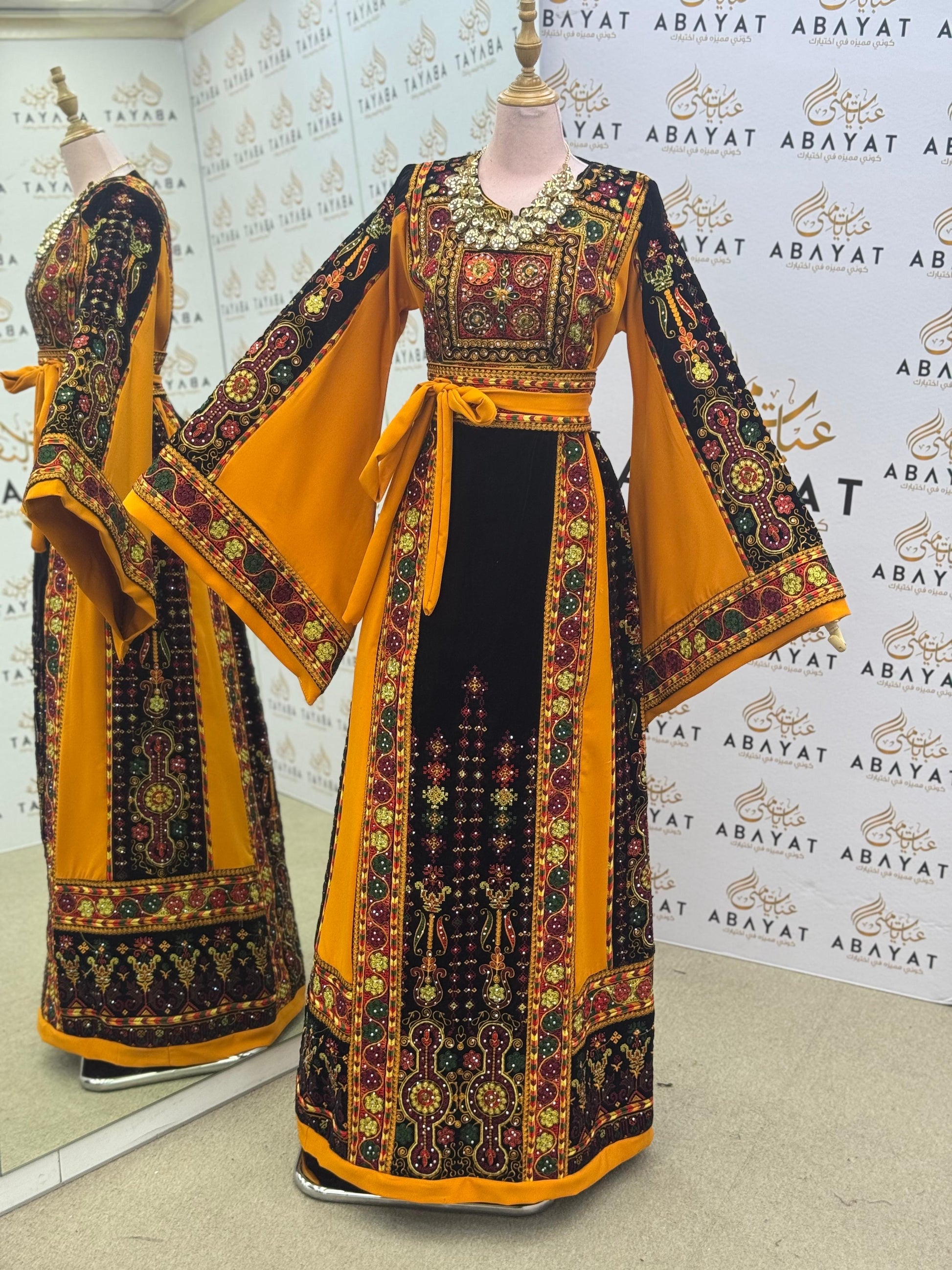 Premium Palestinian Malakah Thobe – Bright Mustard & Black Embroidery