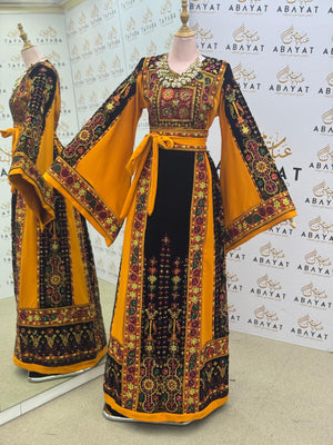 Premium Palestinian Malakah Thobe – Bright Mustard & Black Embroidery