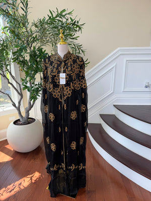 Golden Floral Black Cardigan Abaya