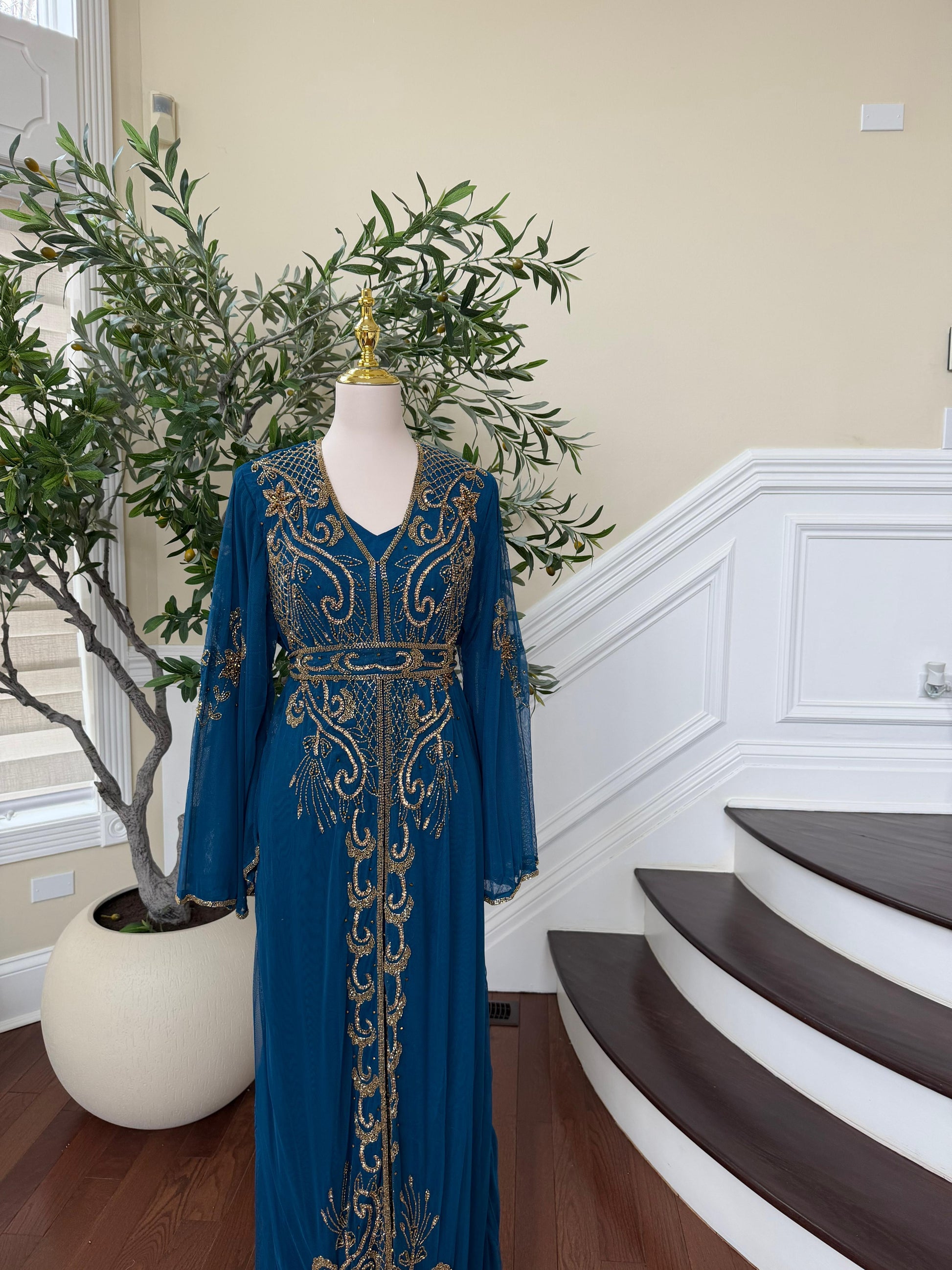 Turquoise Devine Golden Cardigan Abaya