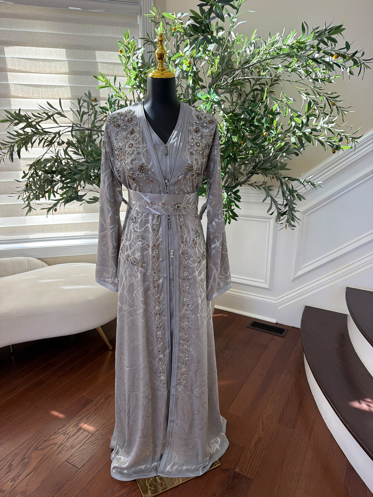 Elegant Silver Gray Embroidered Moroccan Kaftan