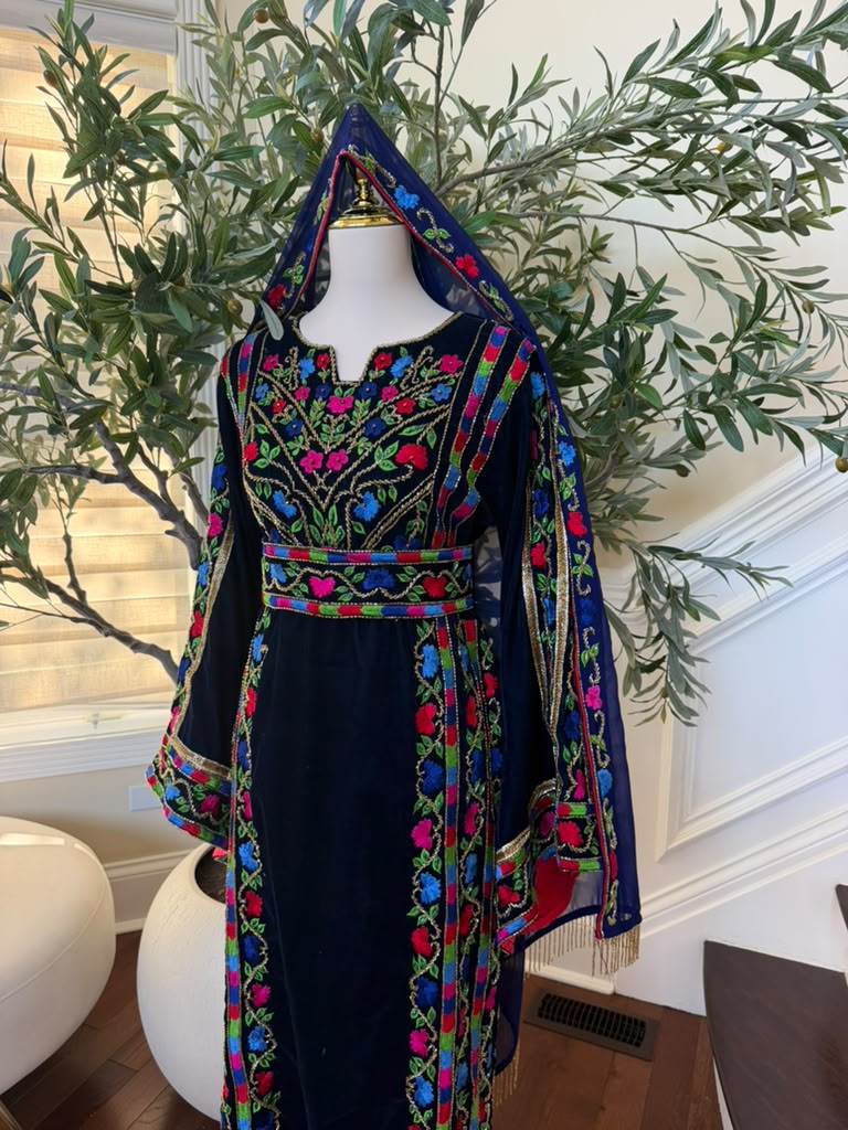 Elegant Navy Blue Velvet Palestinian Thobe with Vibrant Multicolor Floral Embroidery(scarf not included)